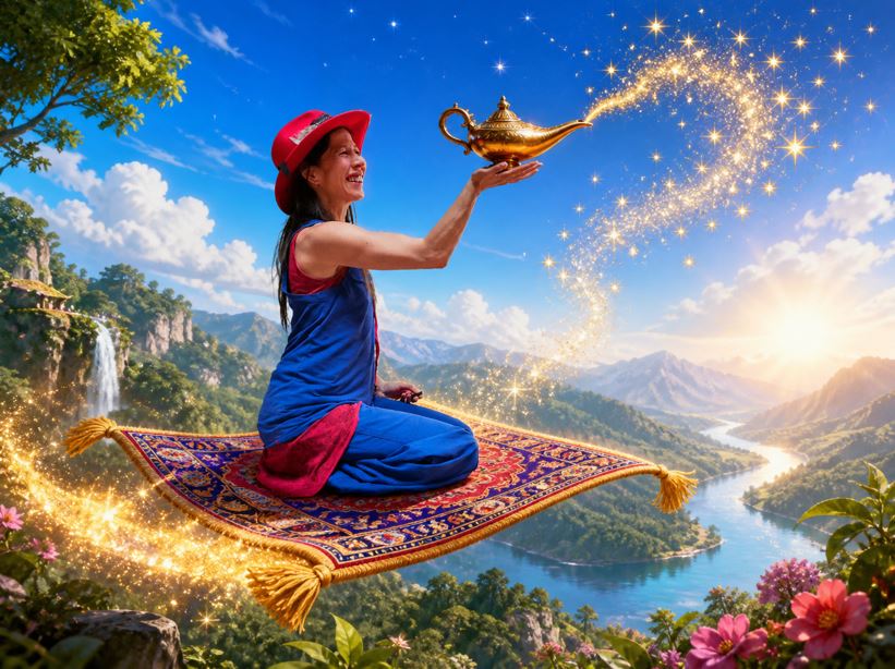 Caroline sur un tapis volant au-dessus d'une vallée, une lampe magique à la main
